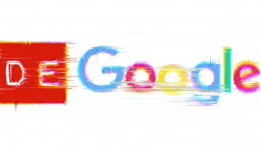 The Google prefixed by "DE" in a red box with white lettering with an eraser effect