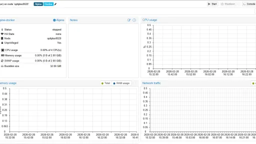 Overview page on an Alpine Linux container on a Proxmox host