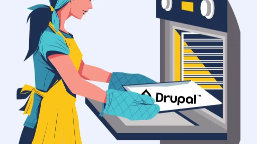 Woman putting a baking sheet with the Drupal logo on it into an oven