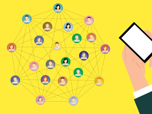 An image of a cartoon hand holding a phone with cartoon people connected by dotted lines.