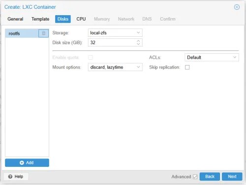 Disks tab of Proxmox container GUI screen