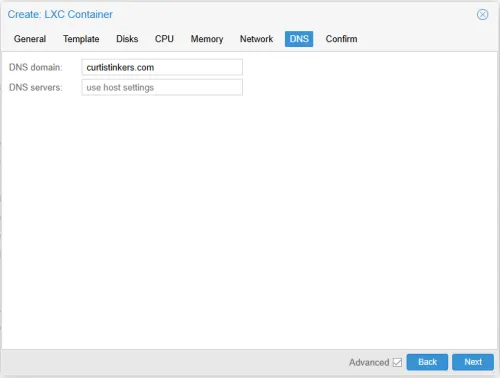 DNS tab of Proxmox container GUI screen