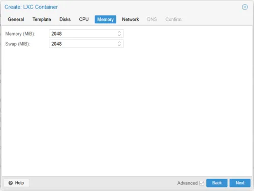 Memory tab of Proxmox container GUI screen