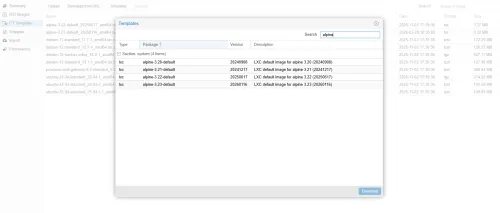 Alpine Linux template download in Proxmox GUI